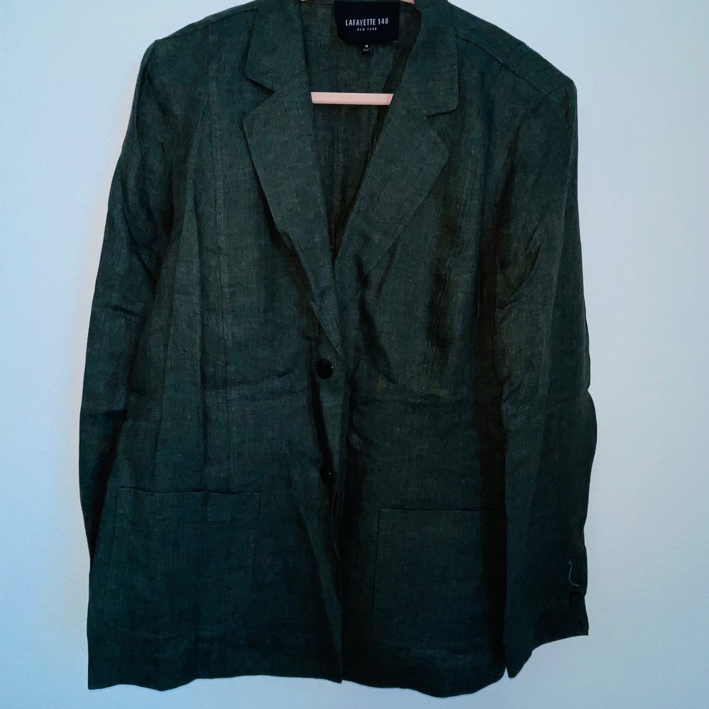 Lafayette 148 New York 100% Linen Herringbone Blazer Jacket Size 18 Green
